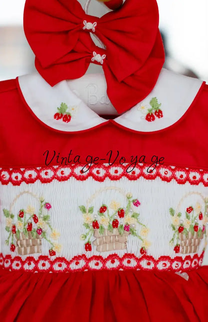 NEW🎄🧑‍🎄ELIZABETH STRAWBERRY🍓BASKET HAND-SMOCKED🧵🪡👑DRESS & ACCESSORIES🎀 - Baby & Toddler Dresses