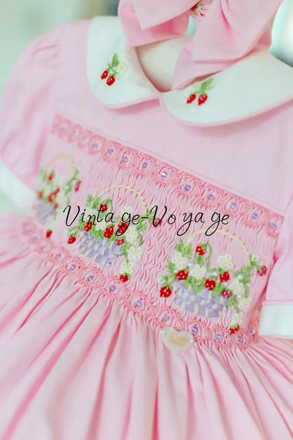NEW🎄🧑‍🎄ELIZABETH STRAWBERRY🍓BASKET PINK HAND-SMOCKED🧵🪡👑DRESS & ACCESSORIES🎀 - Baby & Toddler Dresses