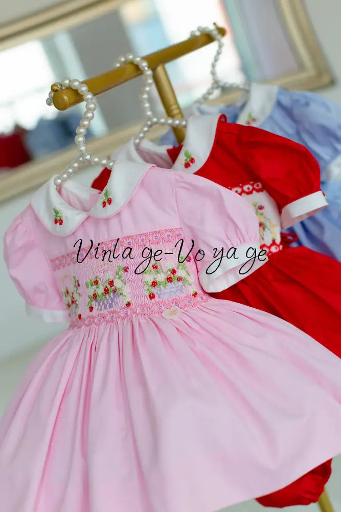 NEW🎄🧑‍🎄ELIZABETH STRAWBERRY🍓BASKET PINK HAND-SMOCKED🧵🪡👑DRESS & ACCESSORIES🎀 - Baby & Toddler Dresses