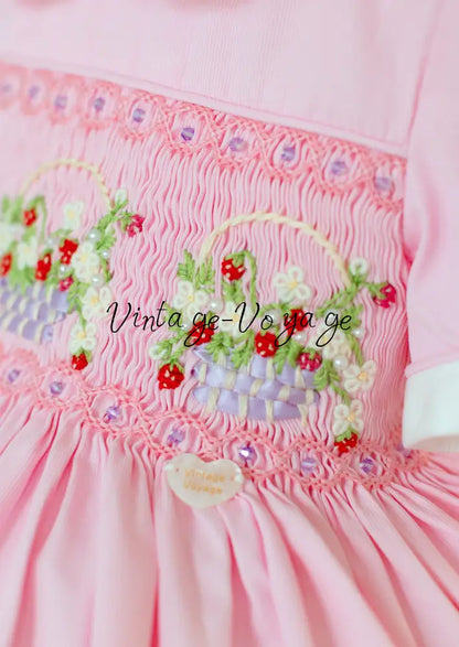 NEW🎄🧑‍🎄ELIZABETH STRAWBERRY🍓BASKET PINK HAND-SMOCKED🧵🪡👑DRESS & ACCESSORIES🎀 - Baby & Toddler Dresses