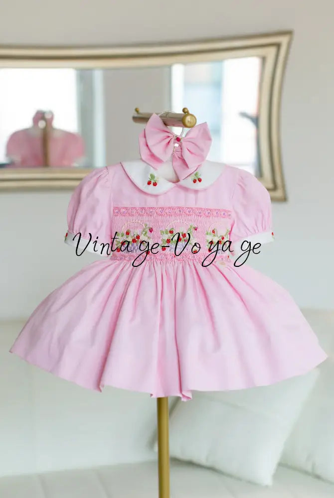 NEW🎄🧑‍🎄ELIZABETH STRAWBERRY🍓BASKET PINK HAND-SMOCKED🧵🪡👑DRESS & ACCESSORIES🎀 - Baby & Toddler Dresses