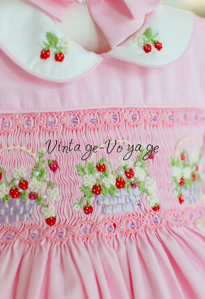 NEW🎄🧑‍🎄ELIZABETH STRAWBERRY🍓BASKET PINK HAND-SMOCKED🧵🪡👑DRESS & ACCESSORIES🎀 - Baby & Toddler Dresses
