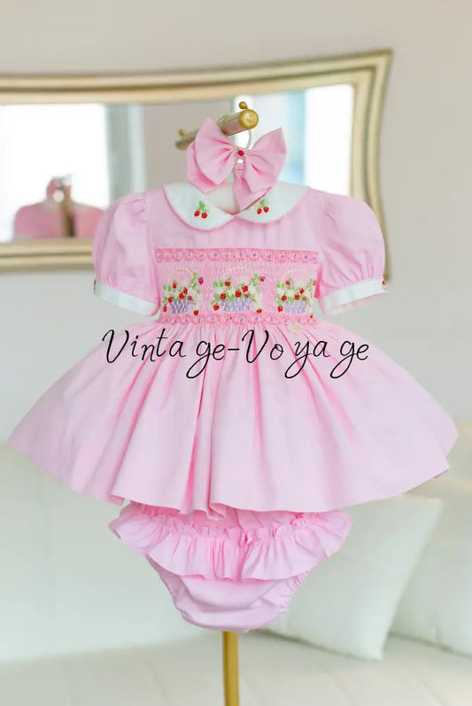 NEW🎄🧑‍🎄ELIZABETH STRAWBERRY🍓BASKET PINK HAND-SMOCKED🧵🪡👑DRESS & ACCESSORIES🎀 - Baby & Toddler Dresses