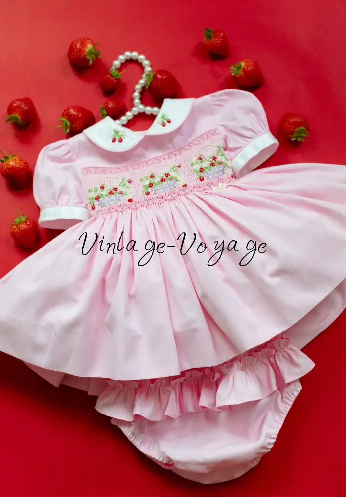 NEW🎄🧑‍🎄ELIZABETH STRAWBERRY🍓BASKET PINK HAND-SMOCKED🧵🪡👑DRESS & ACCESSORIES🎀 - Baby & Toddler Dresses