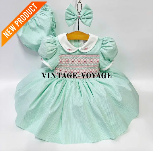 PRE ORDER&GET NEXT WEEK! NEW! EMMA MINT FRONT & BACK HAND SMOCKED DRESS,PANTIES & HAIR ACCESSORIES 3M Baby & Toddler