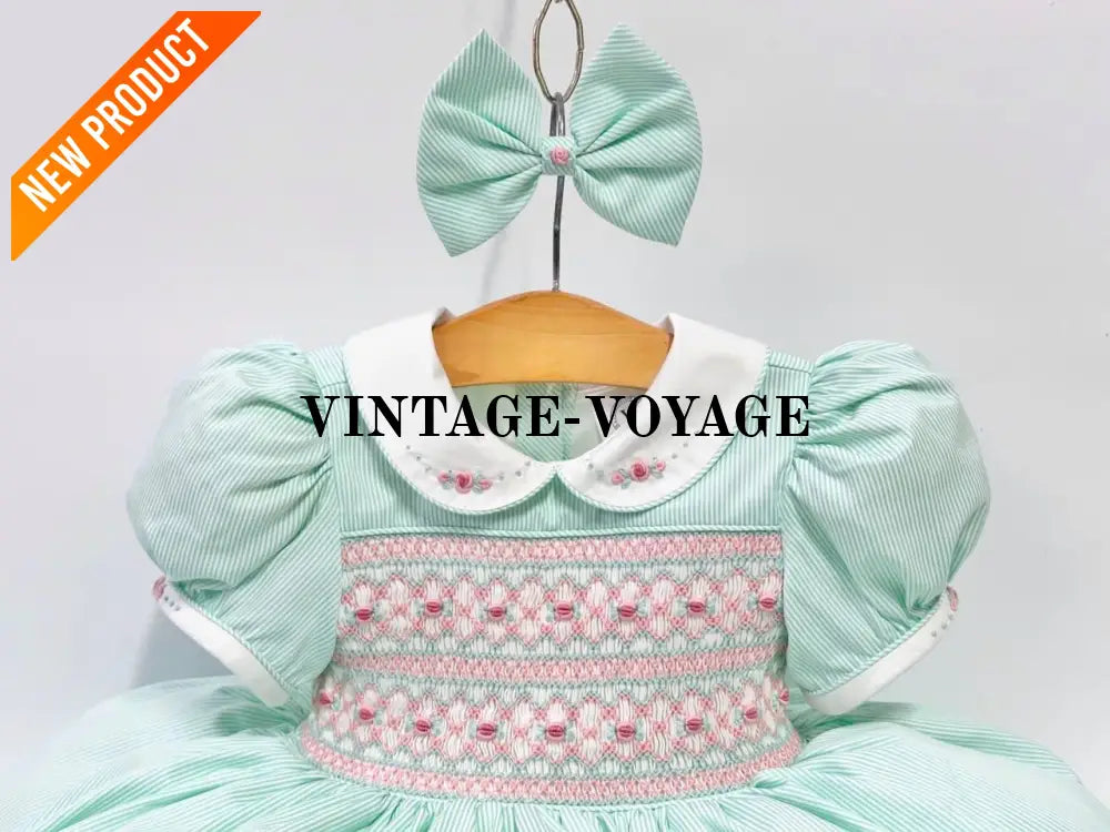 PRE ORDER&GET NEXT WEEK! NEW! EMMA MINT FRONT & BACK HAND SMOCKED DRESS,PANTIES & HAIR ACCESSORIES Baby & Toddler