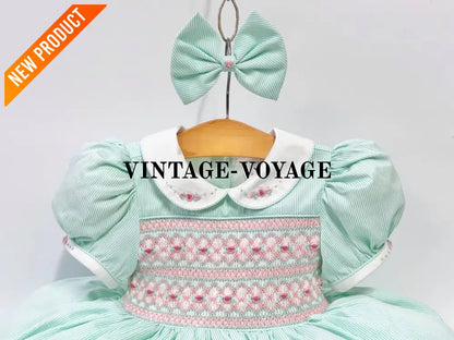 PRE ORDER&GET NEXT WEEK! NEW! EMMA MINT FRONT & BACK HAND SMOCKED DRESS,PANTIES & HAIR ACCESSORIES Baby & Toddler