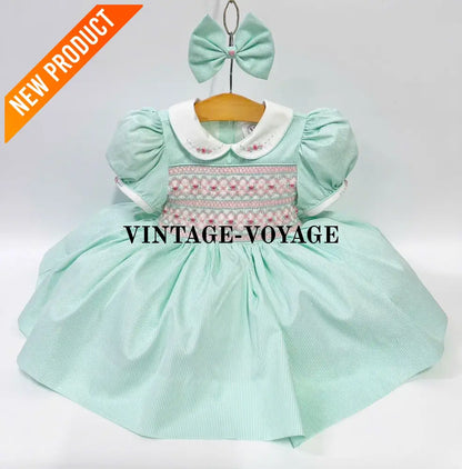 PRE ORDER&GET NEXT WEEK! NEW! EMMA MINT FRONT & BACK HAND SMOCKED DRESS,PANTIES & HAIR ACCESSORIES Baby & Toddler