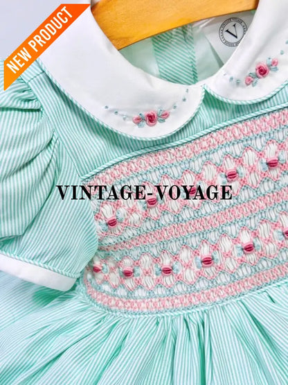 PRE ORDER&GET NEXT WEEK! NEW! EMMA MINT FRONT & BACK HAND SMOCKED DRESS,PANTIES & HAIR ACCESSORIES Baby & Toddler