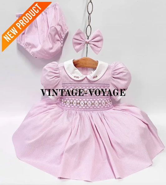 PRE ORDER&GET NEXT WEEK! NEW! EMMA PALE LILAC FRONT & BACK HAND SMOCKED DRESS,PANTIES & HAIR ACCESSORIES 3M Baby &