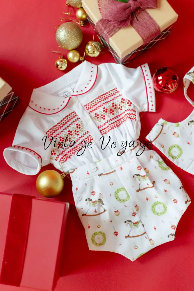 NEW🤩FESTIVE FUN🎄🤶BABY BOYS👑HAND-SMOCKED🧵🪡ROMPER/SUIT & BIB SET Baby & Toddler Outfits
