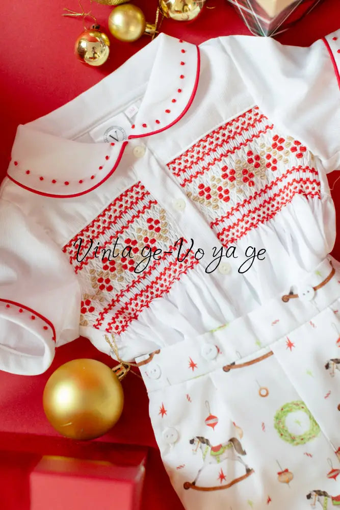 NEW🤩FESTIVE FUN🎄🤶BABY BOYS👑HAND-SMOCKED🧵🪡ROMPER/SUIT & BIB SET Baby & Toddler Outfits