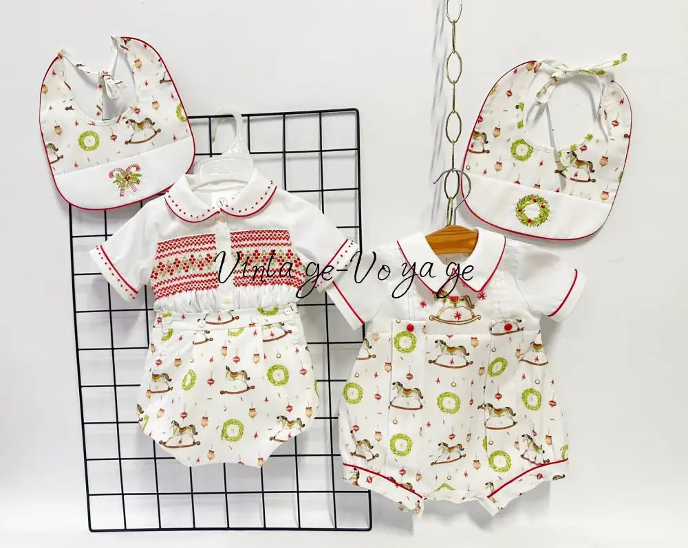 PRE-ORDER NOW & GET NEXT WEEK!NEW! FESTIVE FUN BABY BOYS HAND-SMOCKED ROMPER/SUIT & BIB SET Baby & Toddler Outfits