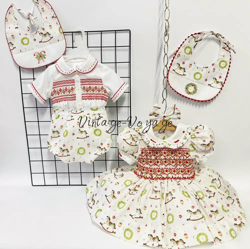 PRE-ORDER NOW & GET NEXT WEEK!NEW! FESTIVE FUN BABY BOYS HAND-SMOCKED ROMPER/SUIT & BIB SET Baby & Toddler Outfits