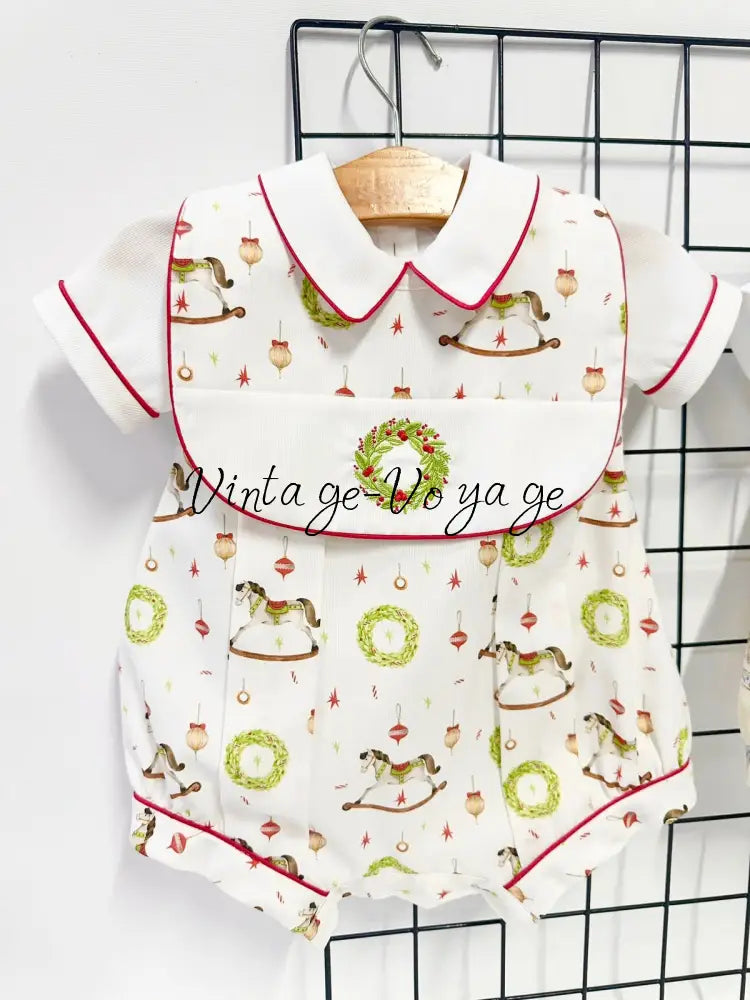 PRE-ORDER & GET NEXT WEEK! NEW! FESTIVE FUN HAND-EMBROIDERED BABY BOYS ROMPER & BIB SET 0-3 months Baby & Toddler