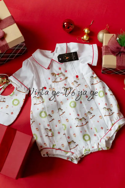 NEW🤩FESTIVE FUN🎄HAND-EMBROIDERED🧵🪡BABY BOYS ROMPER & BIB SET Baby & Toddler Outfits