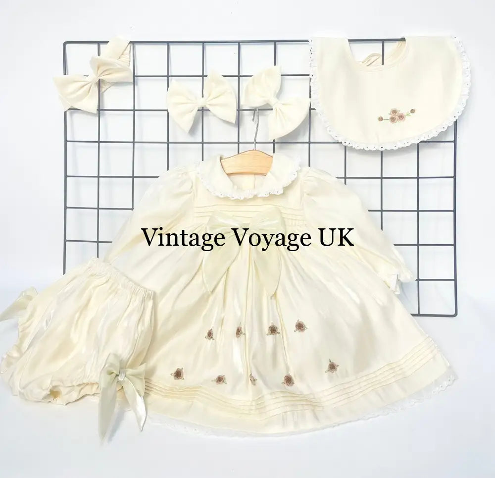 PRE-ORDER‼️NEW🤩FIONA👼CHAMPAGNE HAND-EMBROIDERED🧵🪡BABY DRESS,BIB,BLOOMERS,HEADBAND SET 0-3 months Baby & Toddler Dresses