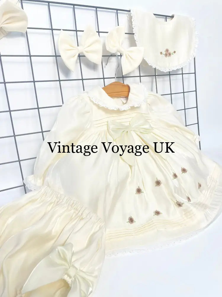 PRE-ORDER‼️NEW🤩FIONA👼CHAMPAGNE HAND-EMBROIDERED🧵🪡BABY DRESS,BIB,BLOOMERS,HEADBAND SET Baby & Toddler Dresses