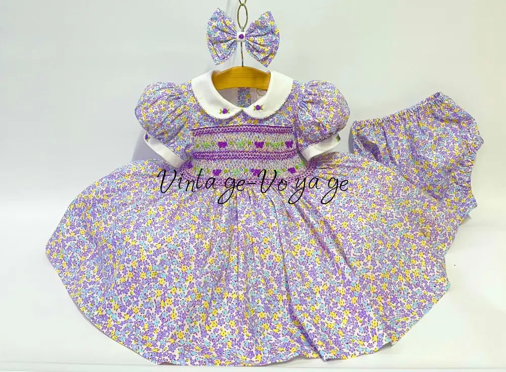 PRE-ORDER & GET NEXT WEEK! NEW FLORA DITSY FLORAL HAND-SMOCKED🧵🪡👑DRESS,PANTIES & HAIR ACCESSORIES🎀 3-6 months Baby &