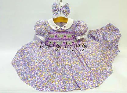 PRE-ORDER & GET NEXT WEEK! NEW FLORA DITSY FLORAL HAND-SMOCKED🧵🪡👑DRESS,PANTIES & HAIR ACCESSORIES🎀 3-6 months Baby &
