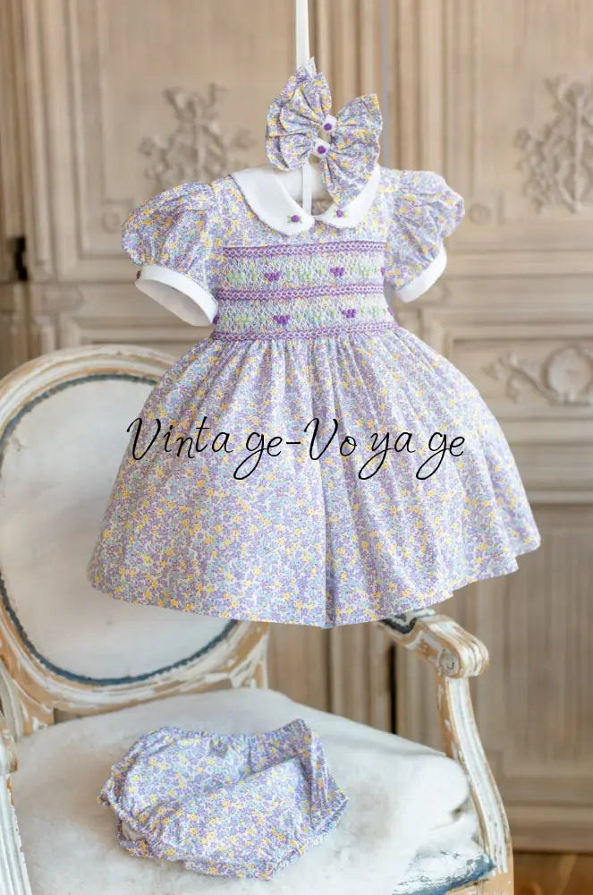 NEW🤩FLORA🧚🧚🏻‍♀️DITSY FLORAL🪻HAND-SMOCKED🧵🪡👑DRESS,PANTIES & HAIR ACCESSORIES🎀 Baby & Toddler Dresses