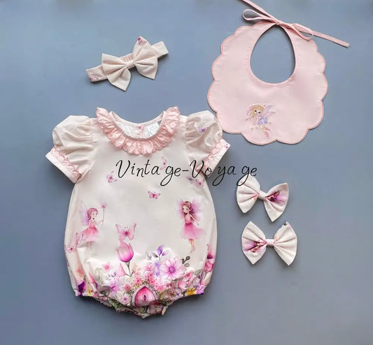 NEW👑FLOWER FAIRIES🧚🧚🏻‍♀️COTTOM/POPLIN CUSTOM PRINT BABY ROMPER & MATCHING BIB & BOWS SET🎀🎀 NB-1M Baby & Toddler Outfits