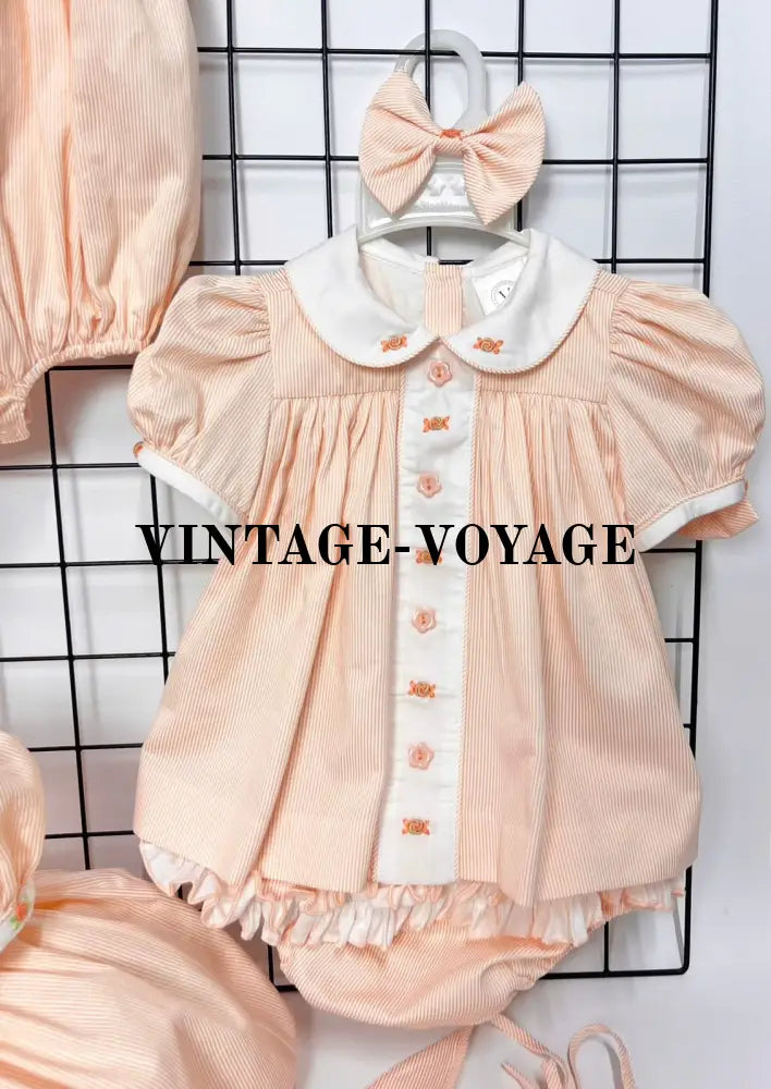 NEW GLADYS PEACH🍦STRIPES HAND-EMBROODERED🧵🪡DAY DRESS BLOOMERS & HAIR ACCESSORIES🎀🎀 3M Baby & Toddler Dresses