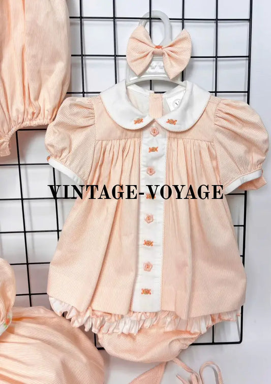 NEW GLADYS PEACH🍦STRIPES HAND-EMBROODERED🧵🪡DAY DRESS BLOOMERS & HAIR ACCESSORIES🎀🎀 3M Baby & Toddler Dresses