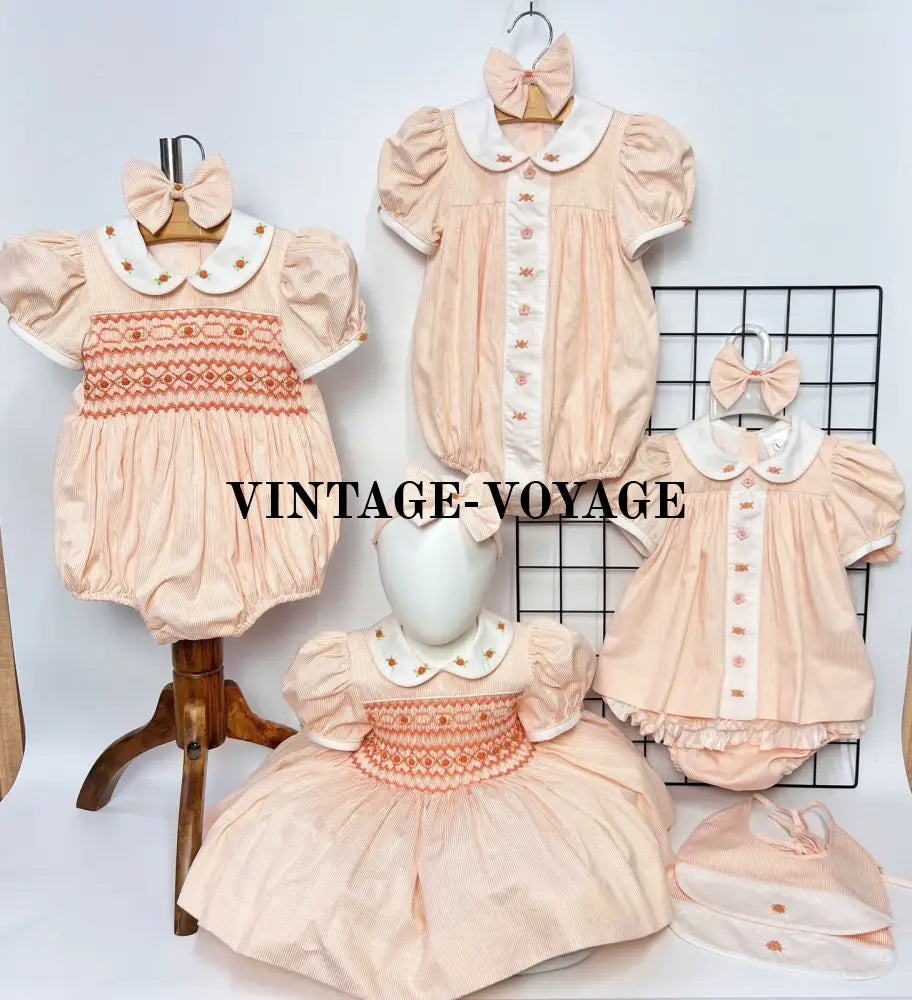 NEW GLADYS PEACH🍦STRIPES HAND-EMBROODERED🧵🪡DAY DRESS BLOOMERS & HAIR ACCESSORIES🎀🎀 Baby & Toddler Dresses