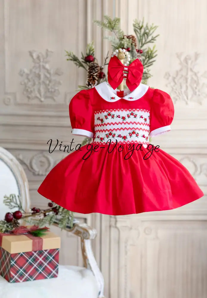 NEW🎄GLORIA HAND-SMOCKED🧵🪡RED❤️CHRISTMAS🧵🪡DRESS & ACCESSORIES🎀 - Baby & Toddler Dresses