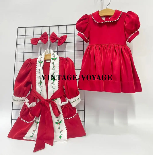 PRE-ORDER‼️NEW🎄HOLLY GIRLS RED♥️SILK/SATIN DRESSING GOWN,HAIR BOWS & NIGHTDRESS 🎀 pyjama set