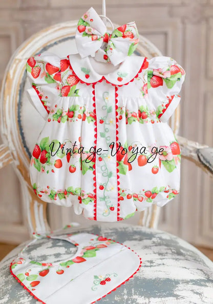 NEW! JUICY 🍓CUSTOM PRINT HAND-EMBROIDERED 🧵🪡ROMPER BIB & HAIR BOWS OR HEADBAND 🎀🎀 Baby & Toddler Outfits