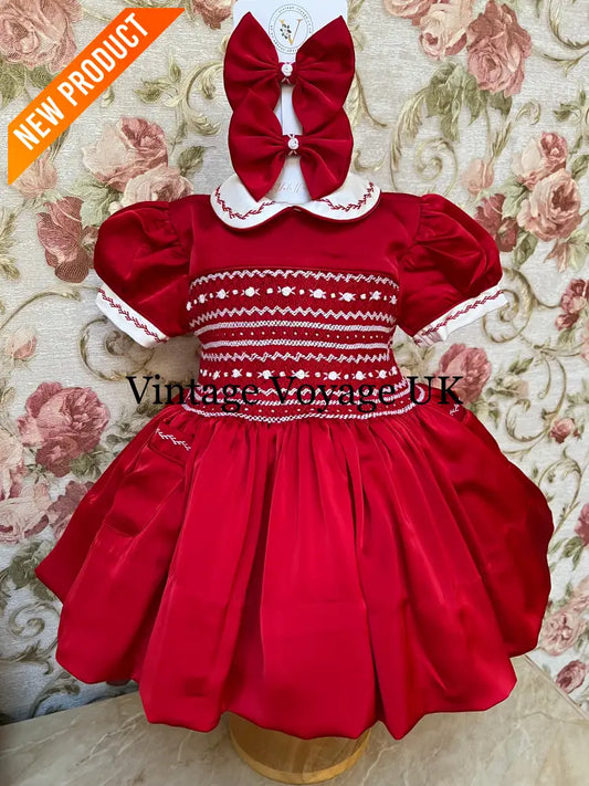 NEW! KATE RED SILK/SATIN FRONT & BACK🧵🪡👑HAND-SMOCKED DRESS PANTIES & HAIR ACCESSORIES🎀 3 months Baby & Toddler Dresses