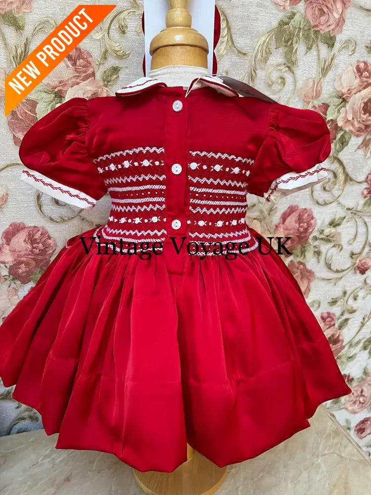 NEW! KATE RED SILK/SATIN FRONT & BACK🧵🪡👑HAND-SMOCKED DRESS PANTIES & HAIR ACCESSORIES🎀 Baby & Toddler Dresses