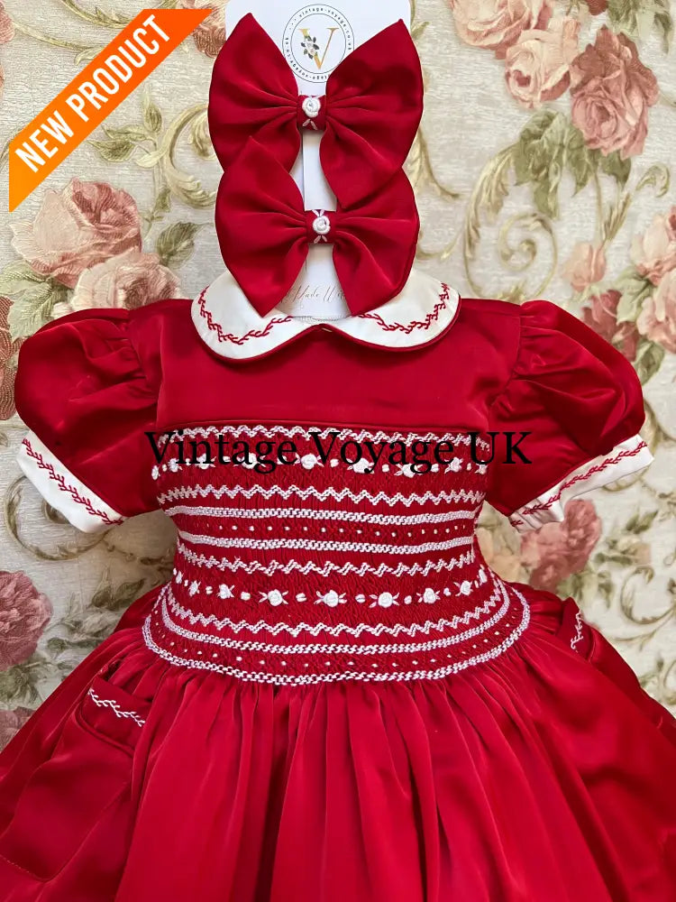 NEW! KATE RED SILK/SATIN FRONT & BACK🧵🪡👑HAND-SMOCKED DRESS PANTIES & HAIR ACCESSORIES🎀 Baby & Toddler Dresses
