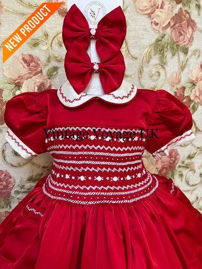 NEW! KATE RED SILK/SATIN FRONT & BACK🧵🪡👑HAND-SMOCKED DRESS PANTIES & HAIR ACCESSORIES🎀 Baby & Toddler Dresses