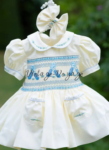 NEW😍LINA BALLERINA🩰CREAM & BLUE🩵HAND-SMOCKED🧵🪡DRESS & ACCESSORIES🎀 - 24M - Baby & Toddler Dresses