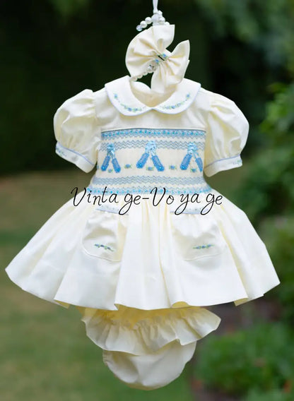 NEW😍LINA BALLERINA🩰CREAM & BLUE🩵HAND-SMOCKED🧵🪡DRESS & ACCESSORIES🎀 - 6M - Baby & Toddler Dresses