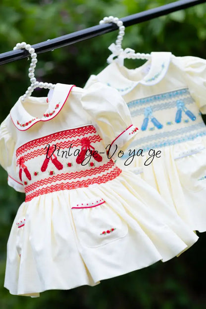 NEW😍LINA BALLERINA🩰CREAM & BLUE🩵HAND-SMOCKED🧵🪡DRESS & ACCESSORIES🎀 - Baby & Toddler Dresses