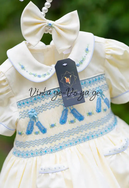 NEW😍LINA BALLERINA🩰CREAM & BLUE🩵HAND-SMOCKED🧵🪡DRESS & ACCESSORIES🎀 - Baby & Toddler Dresses