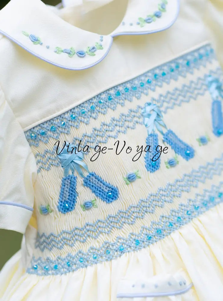 NEW😍LINA BALLERINA🩰CREAM & BLUE🩵HAND-SMOCKED🧵🪡DRESS & ACCESSORIES🎀 - Baby & Toddler Dresses
