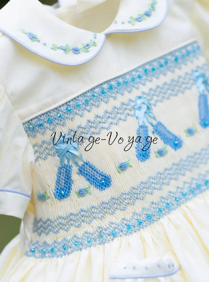 NEW😍LINA BALLERINA🩰CREAM & BLUE🩵HAND-SMOCKED🧵🪡DRESS & ACCESSORIES🎀 - Baby & Toddler Dresses