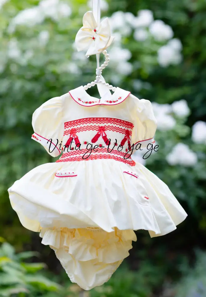 NEW🤩LINA BALLERINA🩰CREAM & RED🎄 HAND-SMOCKED🧵🪡DRESS & ACCESSORIES🎀 - 6M - Baby & Toddler Dresses