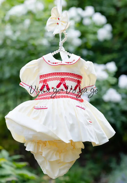 NEW🤩LINA BALLERINA🩰CREAM & RED🎄 HAND-SMOCKED🧵🪡DRESS & ACCESSORIES🎀 - 6M - Baby & Toddler Dresses