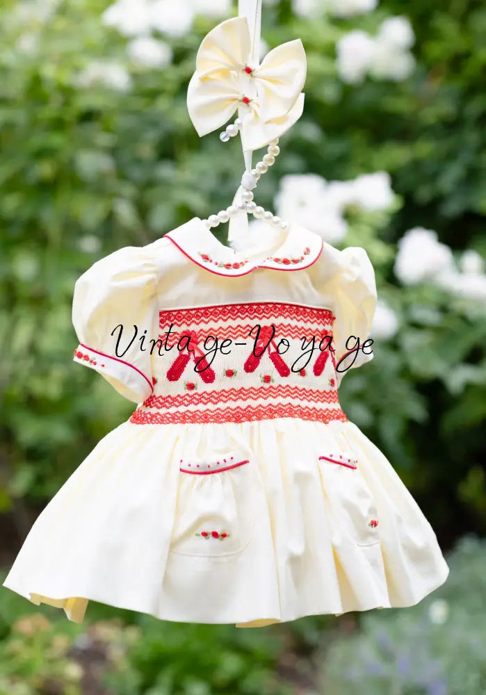 NEW🤩LINA BALLERINA🩰CREAM & RED🎄 HAND-SMOCKED🧵🪡DRESS & ACCESSORIES🎀 - Baby & Toddler Dresses