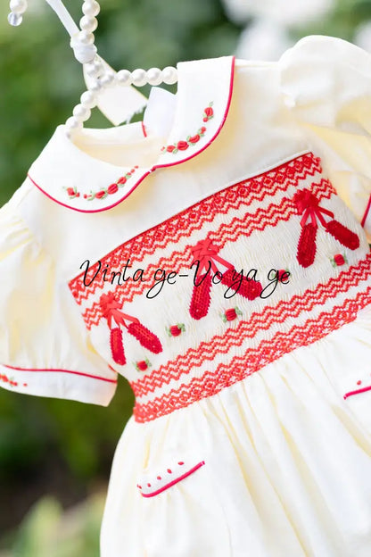 NEW🤩LINA BALLERINA🩰CREAM & RED🎄 HAND-SMOCKED🧵🪡DRESS & ACCESSORIES🎀 - Baby & Toddler Dresses
