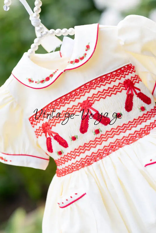 NEW🤩LINA BALLERINA🩰CREAM & RED🎄 HAND-SMOCKED🧵🪡DRESS & ACCESSORIES🎀 - Baby & Toddler Dresses