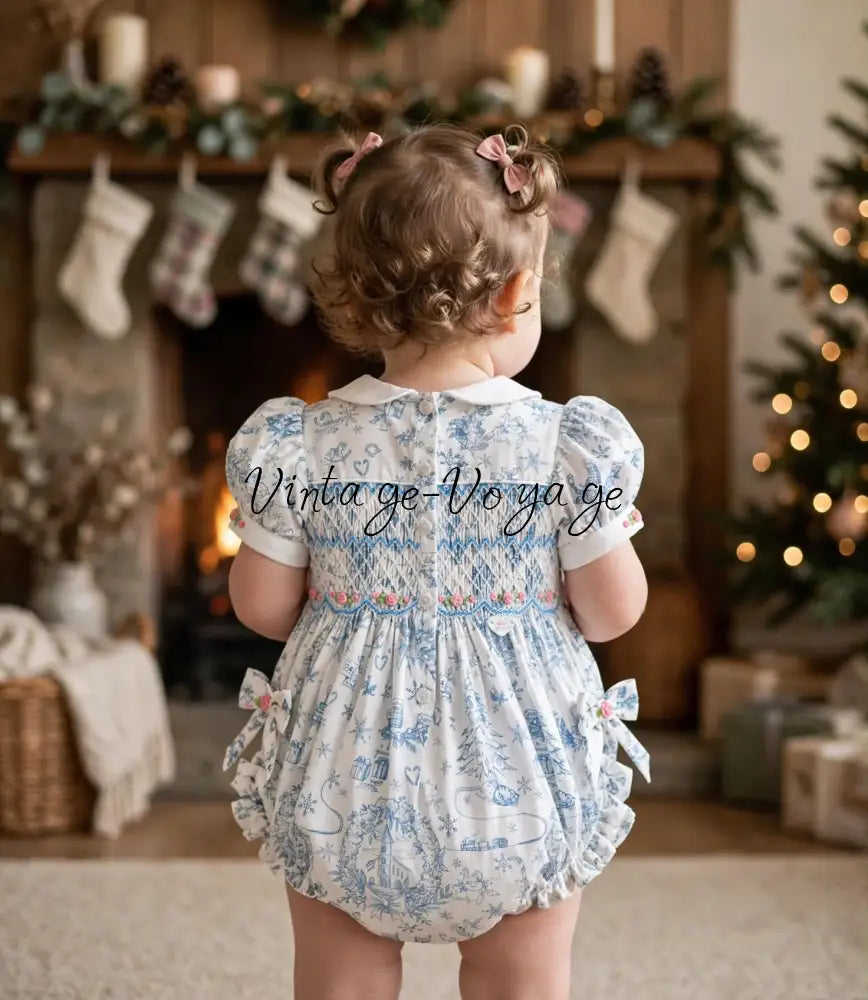 NEW🎄MAGGIE BABY GIRLS CUSTOM PRINT❄️☃️HAND-SMOCKED🧵🪡 ROMPER & ACCESSORIES🎀 - Baby & Toddler Outfits