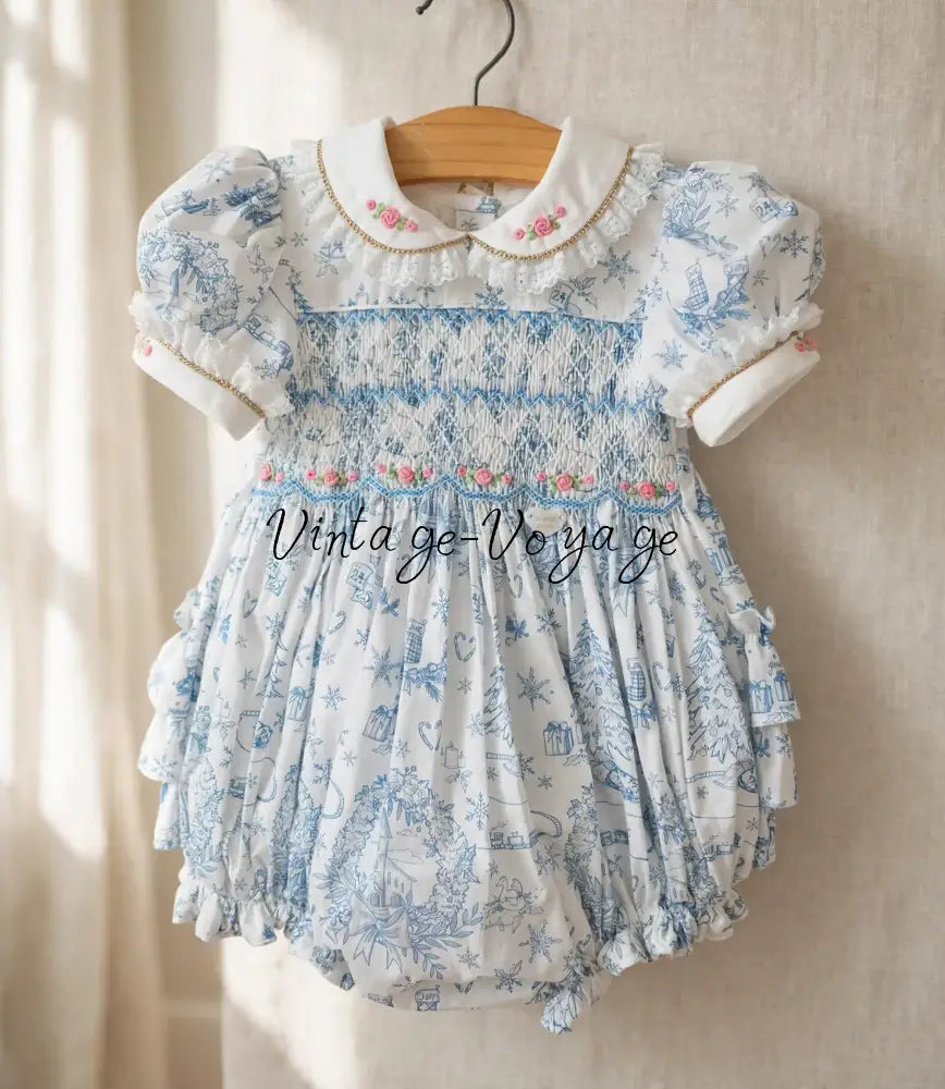 NEW🎄MAGGIE BABY GIRLS CUSTOM PRINT❄️☃️HAND-SMOCKED🧵🪡 ROMPER & ACCESSORIES🎀 - Baby & Toddler Outfits