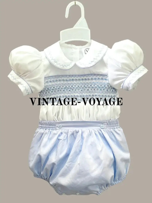 New! ’Oscar’ 👑White & Blue Cotton Hand-Smocked Romper/Suit🩵🩵🩵 N/B Baby Toddler Outfits